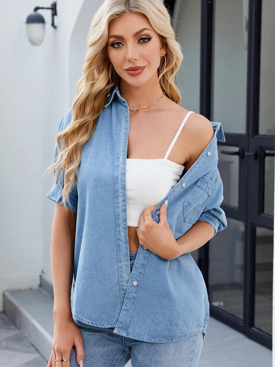 Collared Neck Button Up Denim Shirt