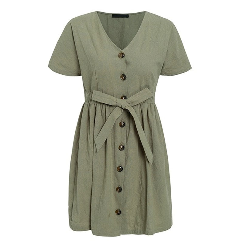 Vintage Button Women Dress Shirt V Neck Short Sleeve Cotton Linen Short Summer Dresses