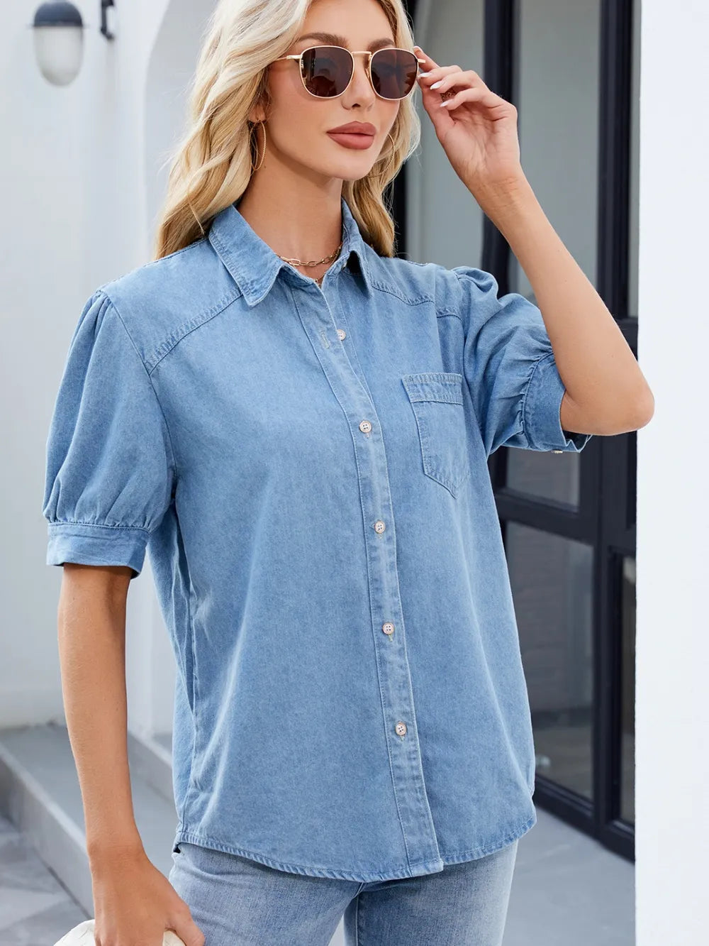 Collared Neck Button Up Denim Shirt